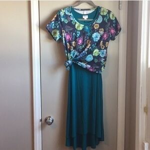 New LuLaRoe Solid Teal Carly Swing Dress & Floral Classic A-Line Tee Sz XS